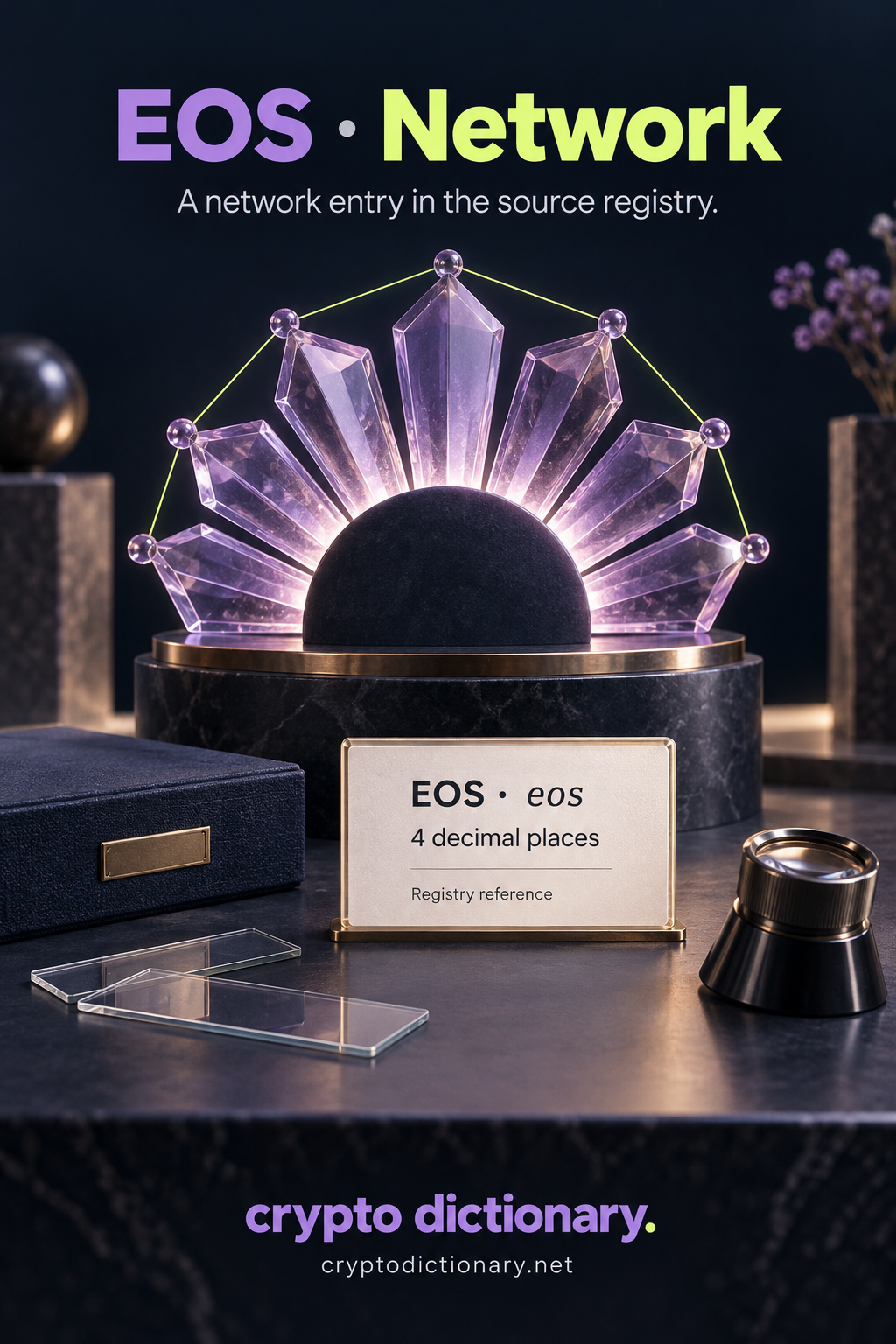 EOS network registry: a lilac faceted sunrise fan with connected bead nodes rises behind a navy horizon disk above EOS, eos and four decimal places.