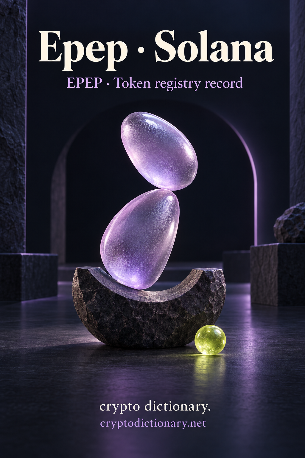 Two unequal lilac glass pebbles balanced above a dark stone saddle for Epep on Solana.