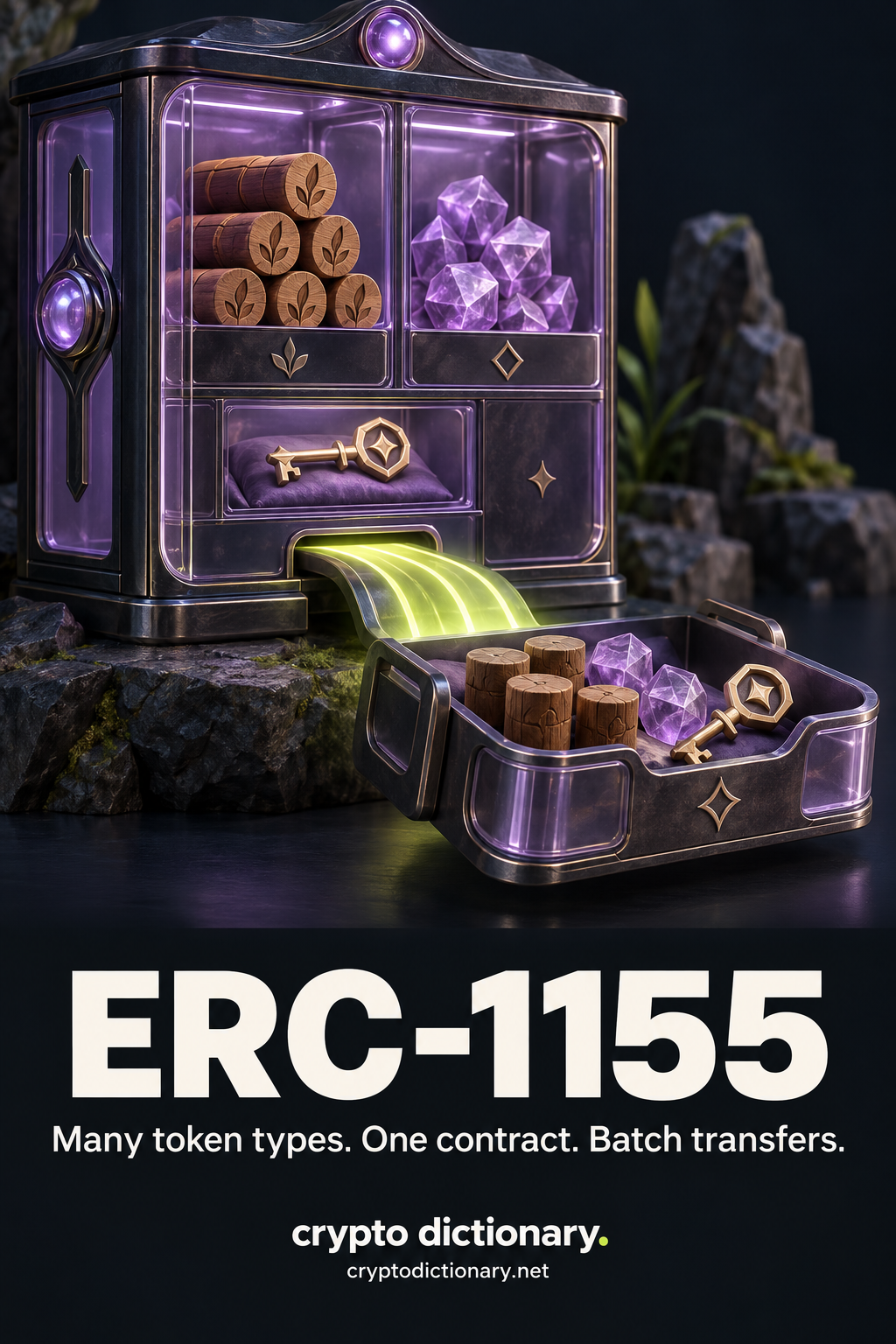 One multi-compartment token contract cabinet transfers wood resources, gems and a game-item token together in one batch tray.