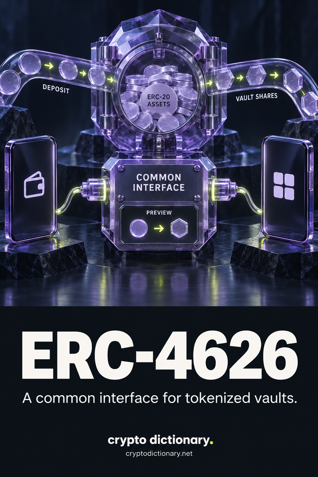 Wallet and app devices connect to a common vault interface; round ERC-20 assets enter a vault and distinct hexagonal vault shares leave, with a preview window showing asset-to-share conversion.
