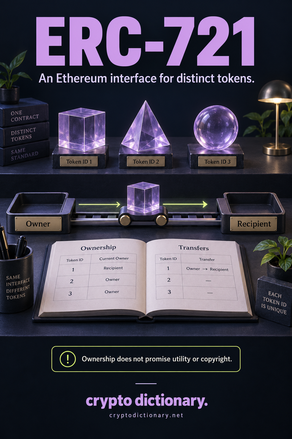 ERC-721: three distinct token specimens with separate IDs, a transfer rail from owner to recipient and a matching ownership record.
