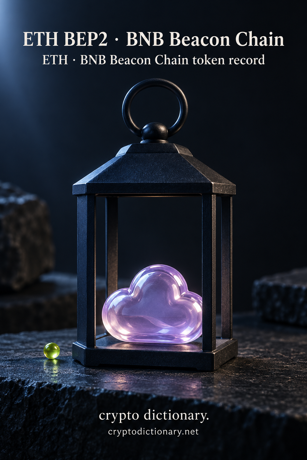 Plain navy lantern containing a lilac glass cloud on stone beside a lime bead.