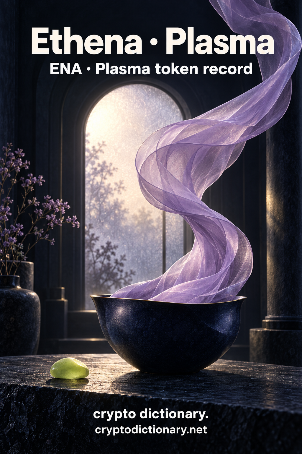 Lilac translucent veil curling from a navy vessel before an arched frosted window, with a lime pebble; Ethena · Plasma token-registry illustration.