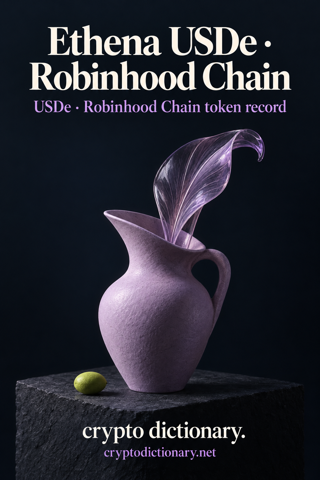 Plain lilac ceramic amphora holding glass leaf beneath Ethena USDe · Robinhood Chain.