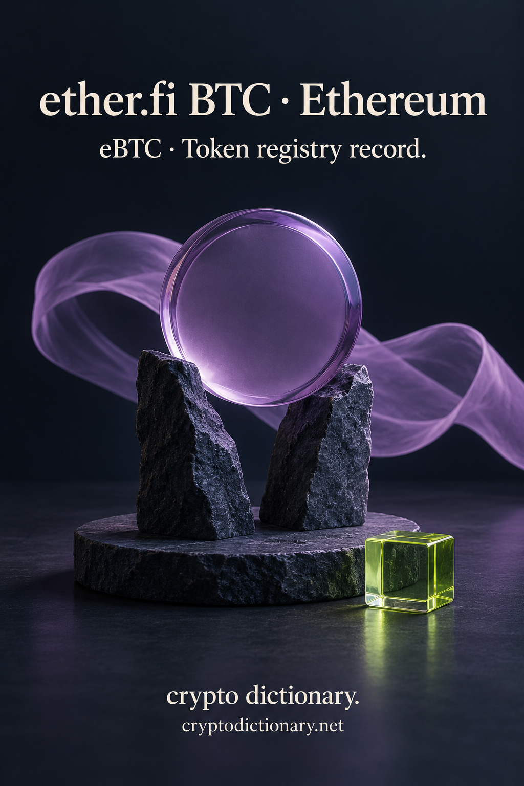 ether.fi BTC on Ethereum illustrated by an original blank lilac glass disk and loose ribbon above dark stone prongs beside a lime cube, with neutral eBTC registry caption.