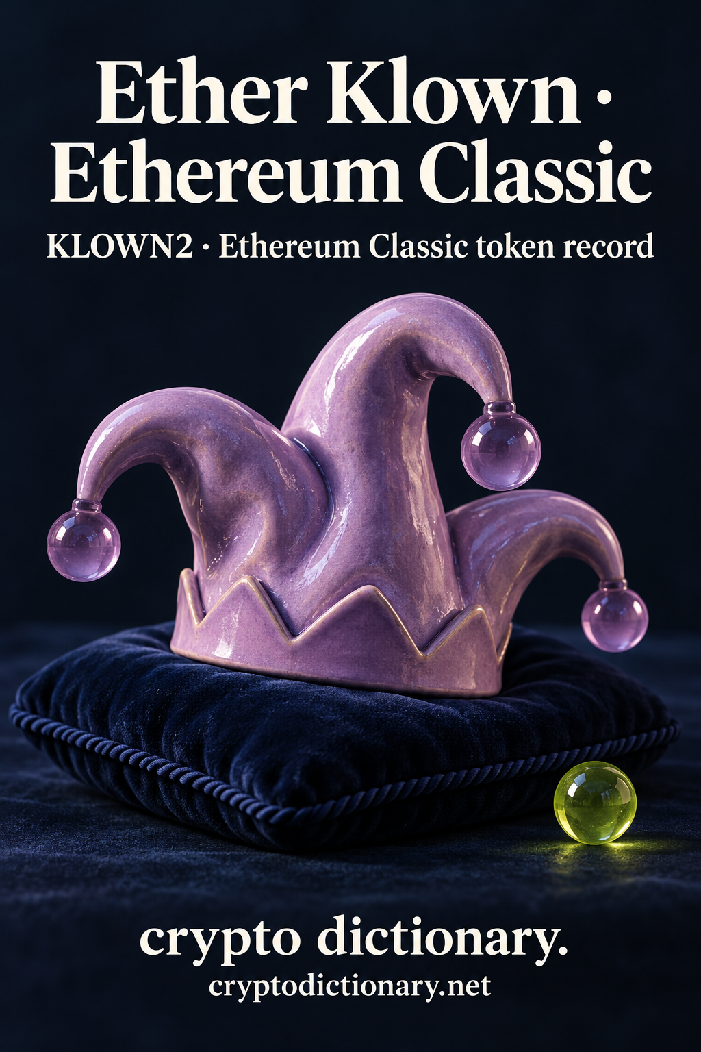 A lilac ceramic jester cap with three glass-ball tips rests on a navy velvet cushion near a lime bead; Ether Klown · Ethereum Classic token registry artwork.
