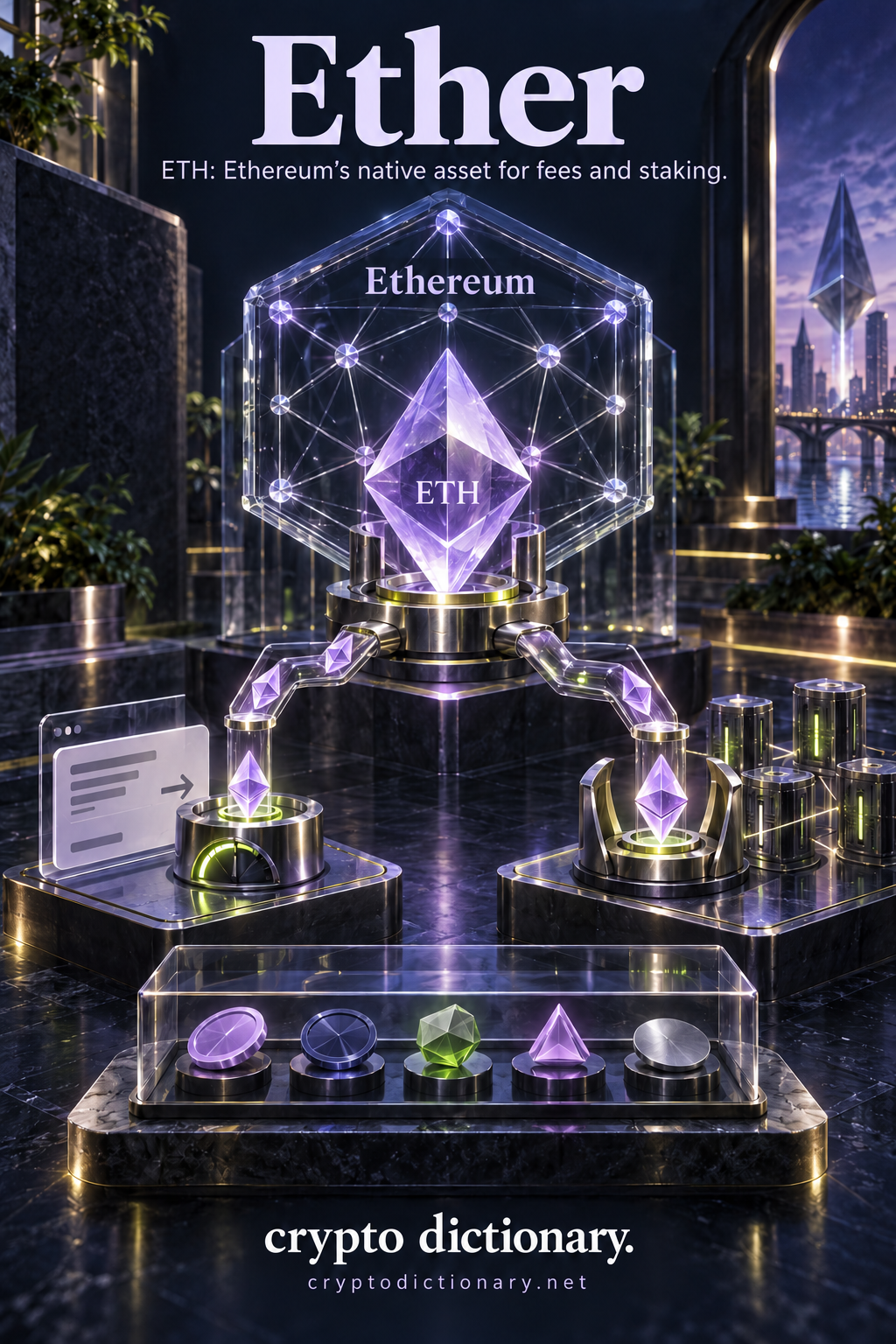 An ETH asset crystal inside a separate Ethereum network frame branches toward a transaction-fee meter and validator commitment cradle, above a distinct tray of other token shapes.