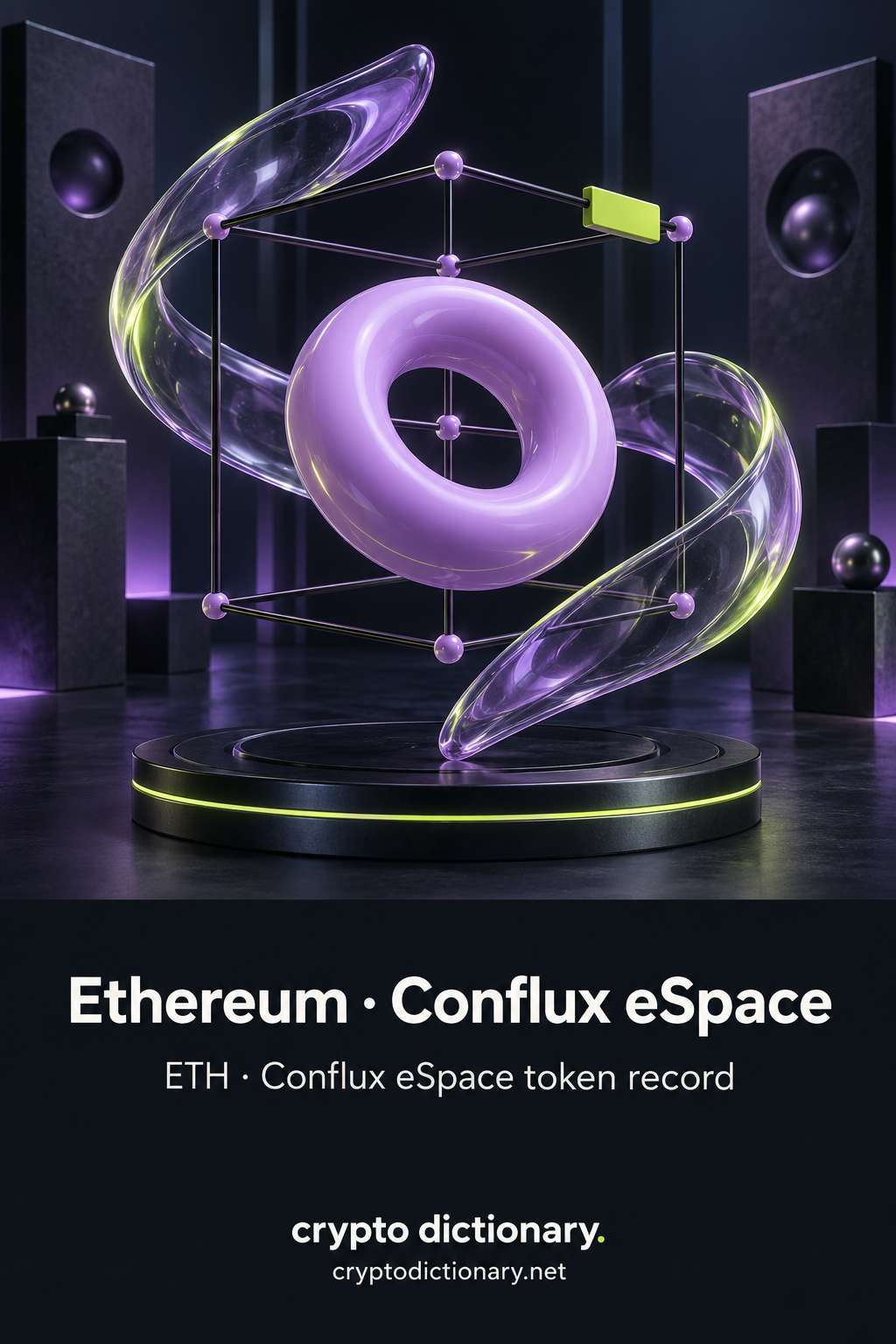 A lilac torus in a dark cubic registry frame with glass ribbons and a lime index tab, labelled Ethereum · Conflux eSpace and ETH · Conflux eSpace token record.