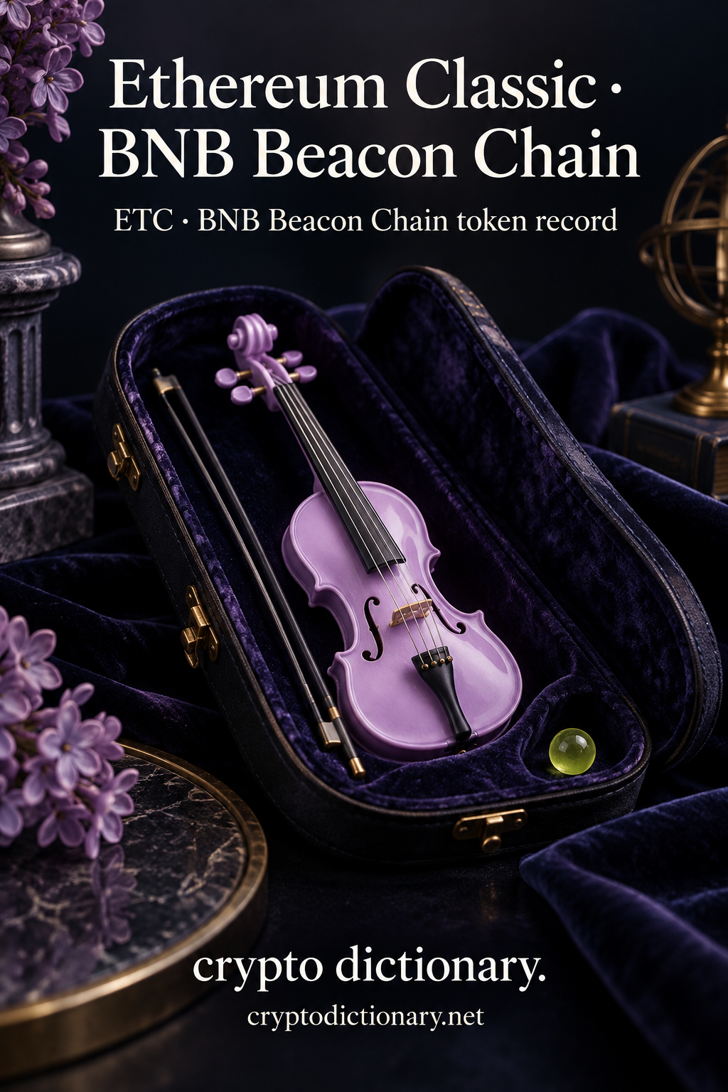A lilac miniature violin lies inside an open navy velvet case beside a plain bow and lime bead; Ethereum Classic · BNB Beacon Chain token record artwork.
