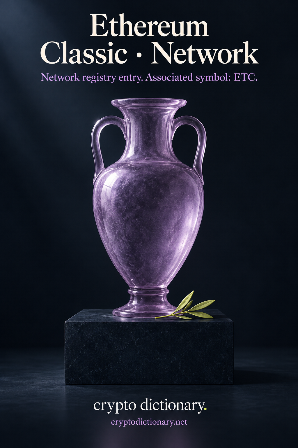 Lilac glass classical amphora and lime olive sprig on navy stone; Ethereum Classic · Network registry artwork.
