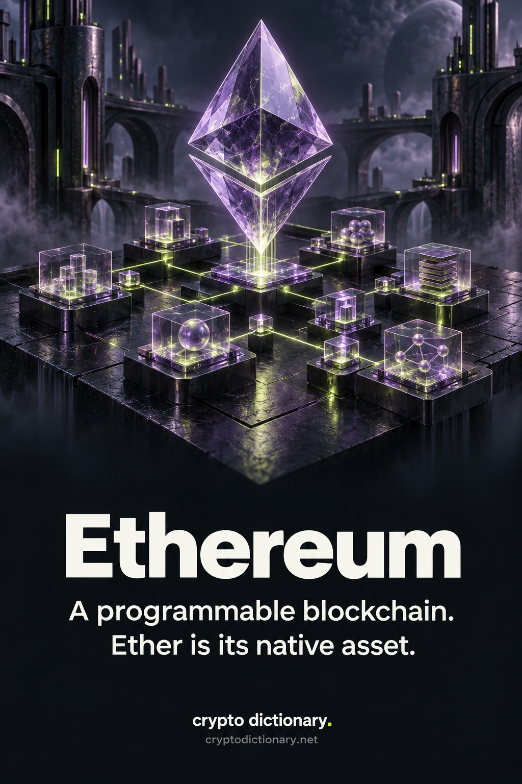 Lilac crystalline Ethereum symbol above connected application tiles, with the title Ethereum and the explanation A programmable blockchain. Ether is its native asset.