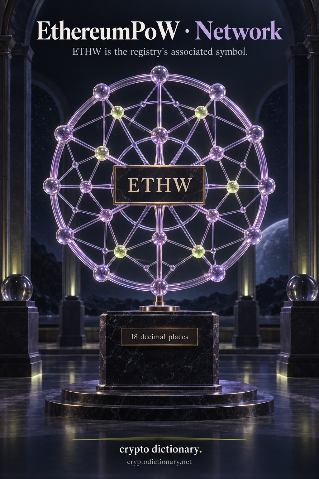 A lilac circular spoke network catalog sculpture displaying ETHW and eighteen-decimal precision.