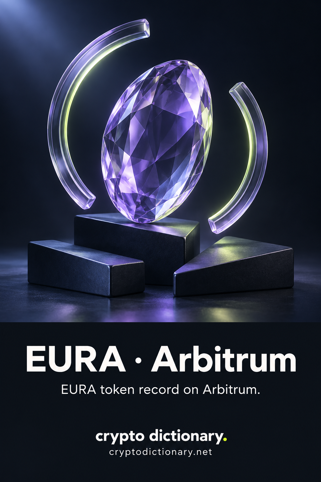 Lilac faceted oval pebble between two open glass halo arcs on blank navy wedges, with EURA · Arbitrum and EURA token registry caption.