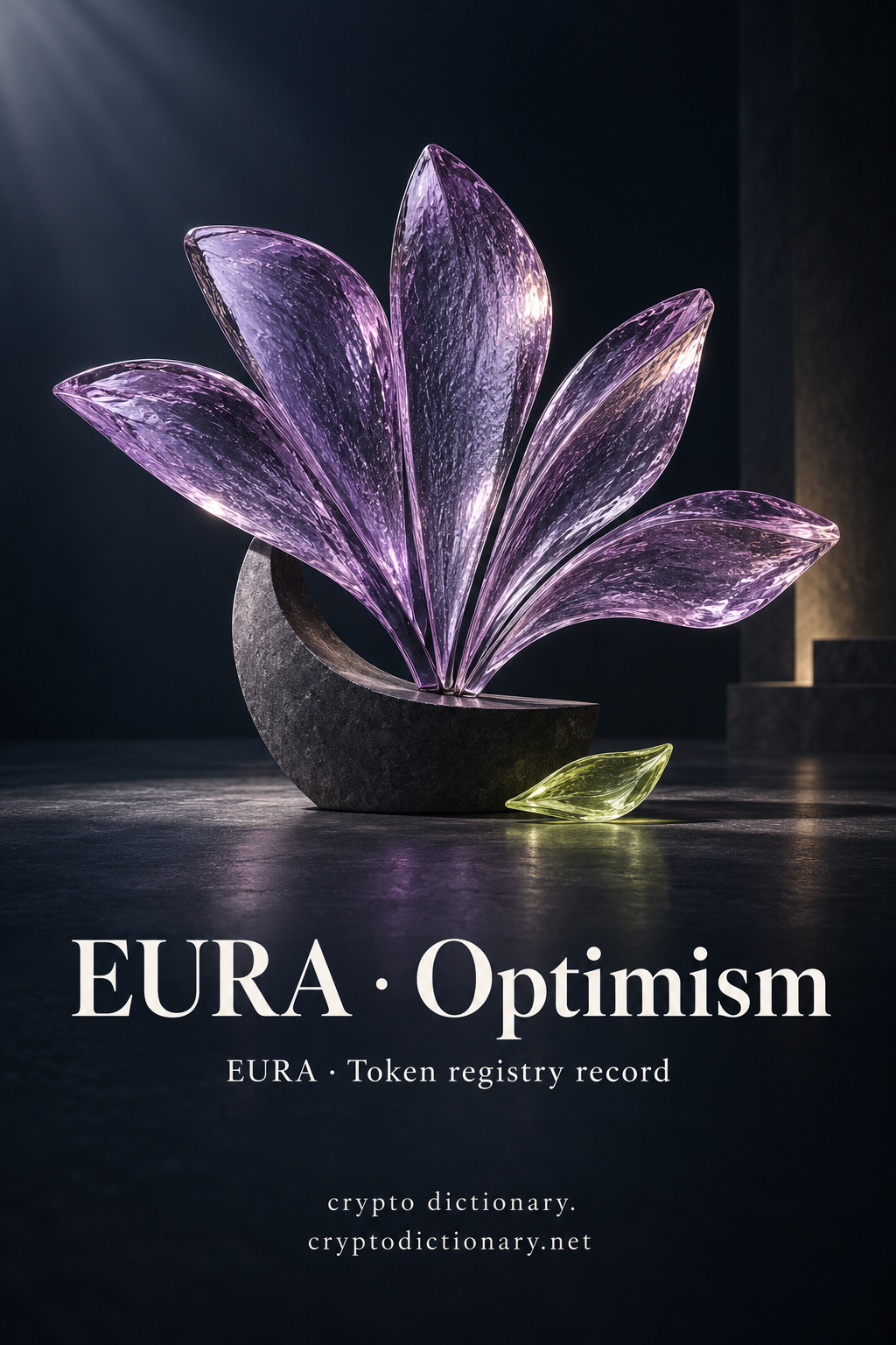 Lilac glass fan sculpture on dark crescent stone with lime glass petal, titled EURA · Optimism.