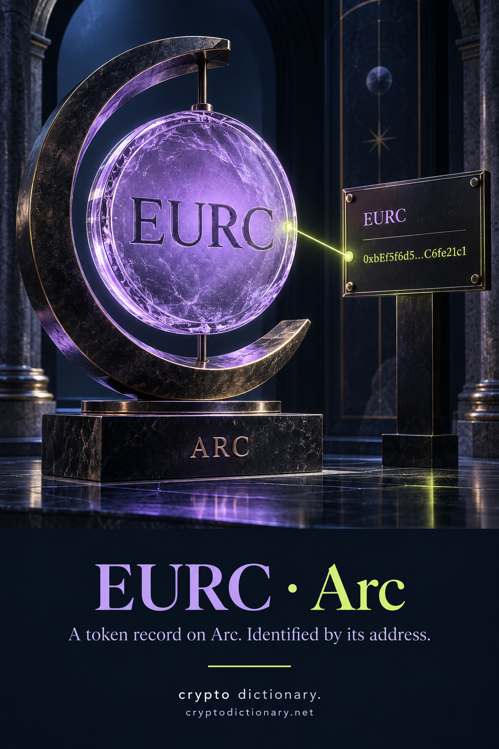 A lilac EURC token specimen within an artistic arc catalog mount marked ARC, linked to its abbreviated public contract plate.