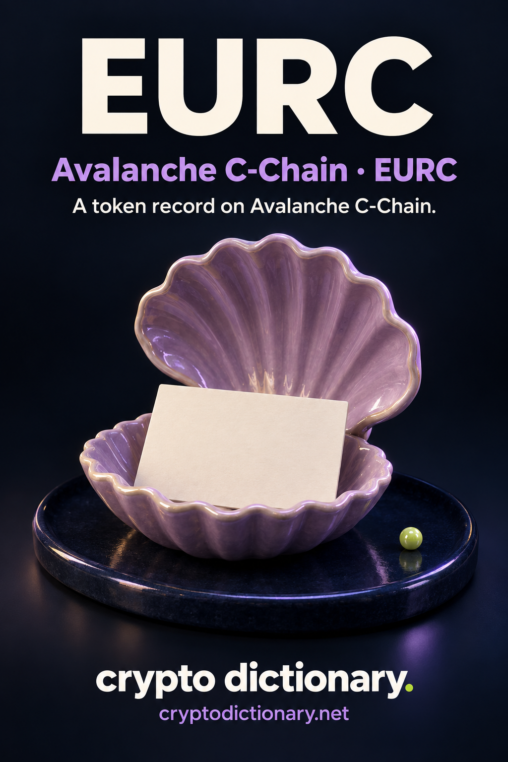 EURC on Avalanche C-Chain, ticker EURC: an original lilac ceramic clamshell catalogue holder with a blank ivory registry card.