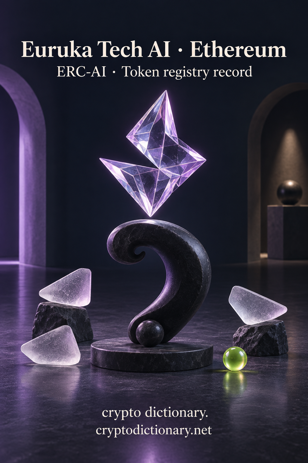 A lilac glass spark above a dark ceramic spiral pedestal for Euruka Tech AI on Ethereum.