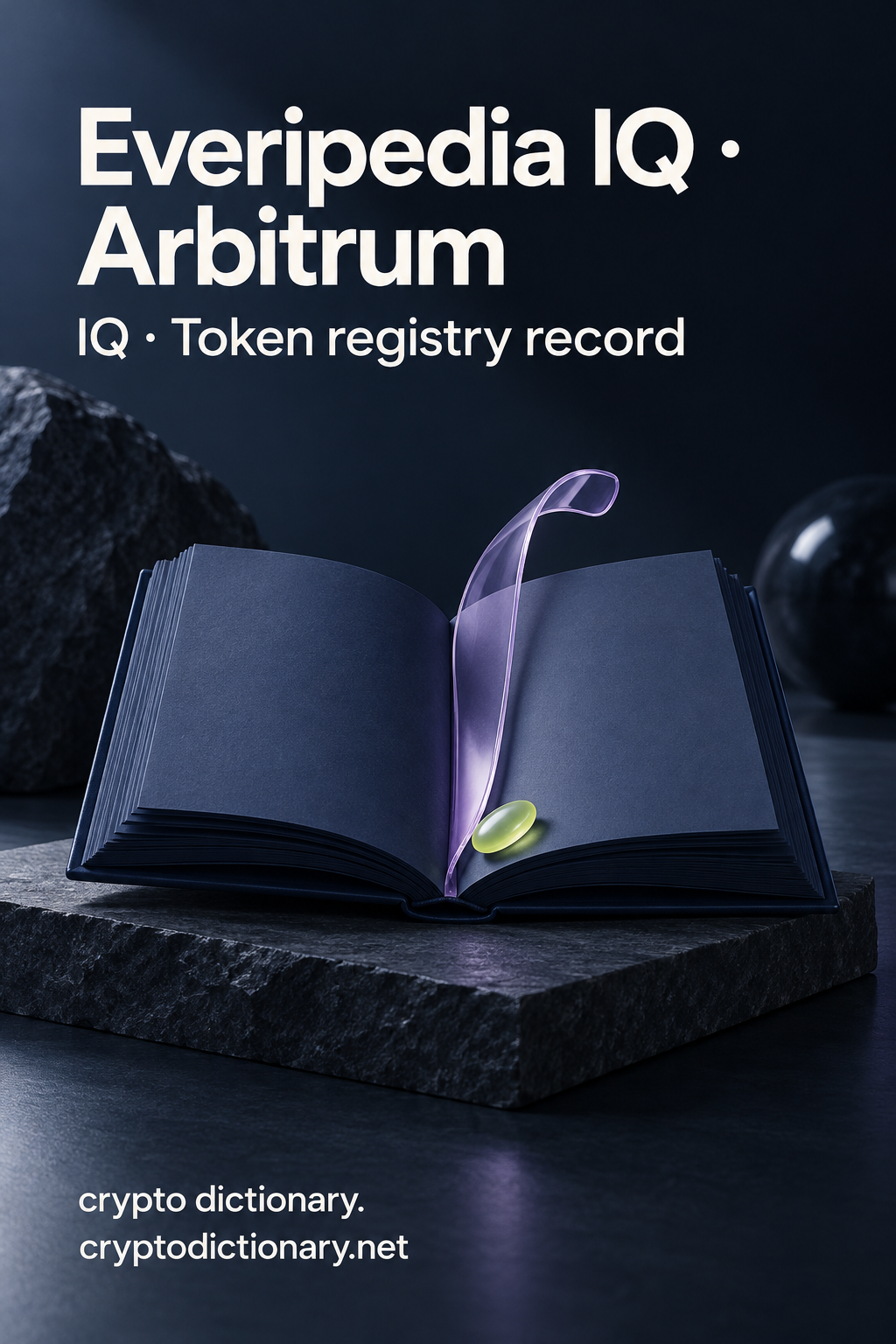 Everipedia IQ on Arbitrum: an anonymous blank navy book with a curved lilac glass bookmark and lime accent on slate.