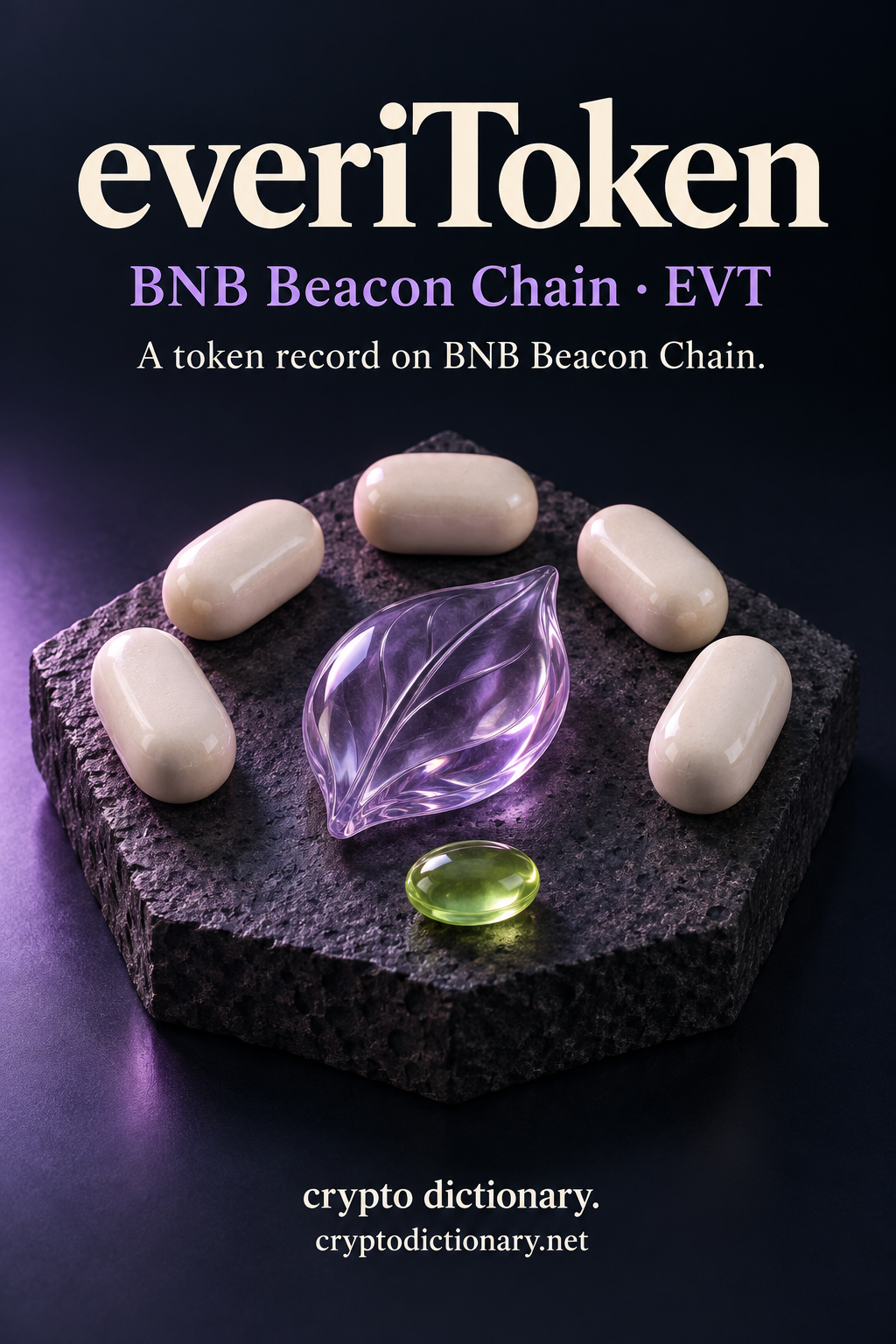 everiToken record on BNB Beacon Chain, illustrated by five blank ivory ceramic capsule specimens around a lilac glass leaf and lime oval.