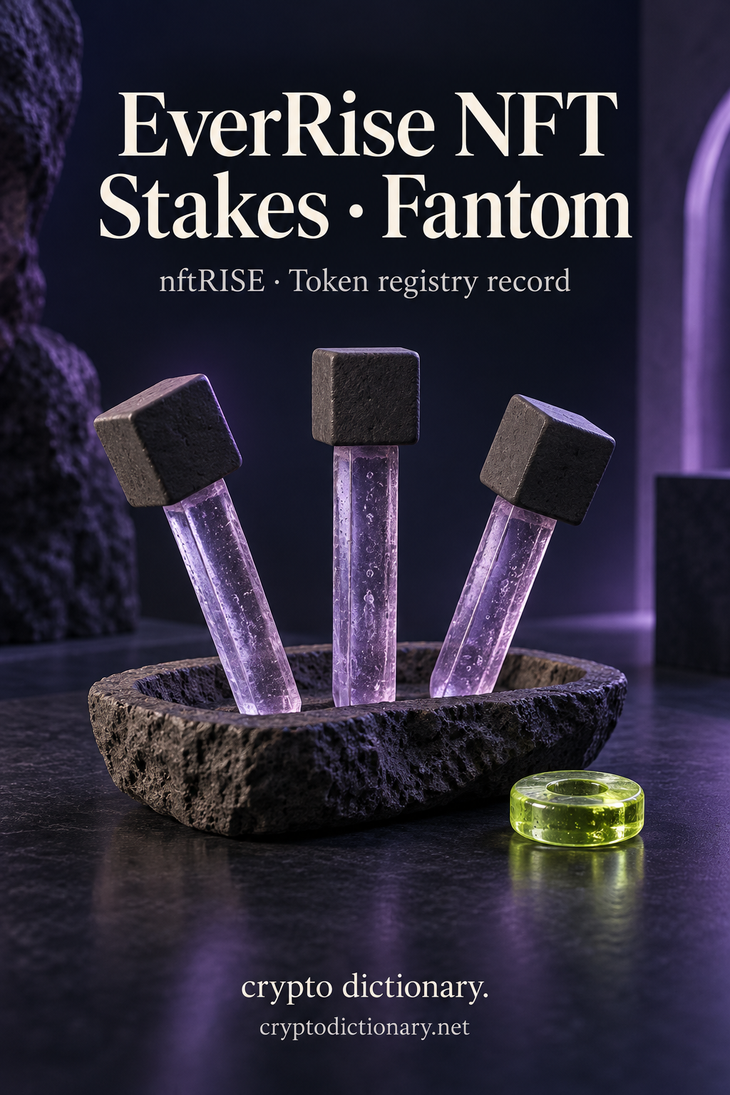 Lilac glass fence stakes with blank charcoal cube tops in basalt beneath EverRise NFT Stakes · Fantom.
