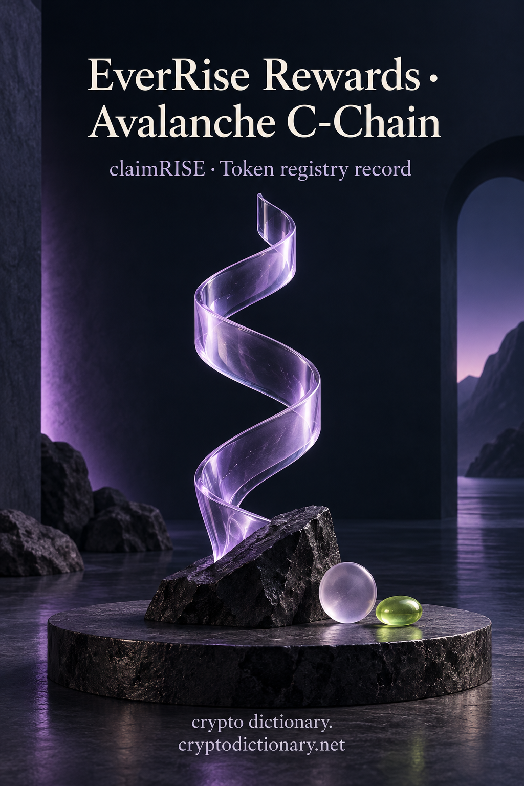 Unfurling lilac glass ribbon on sloped basalt with a frosted medallion and lime pebble beneath EverRise Rewards · Avalanche C-Chain.