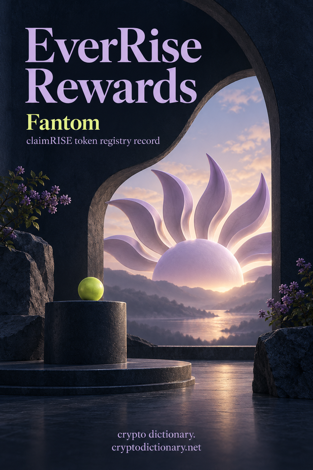 EverRise Rewards on Fantom: lilac sun sculpture through a navy archival arch, with claimRISE registry caption.