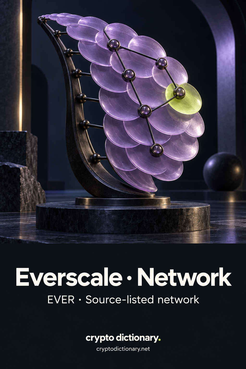 A lilac scalloped-glass fan on a curved dark spine, linked circular nodes and one lime tile, above Everscale · Network and EVER · Source-listed network.
