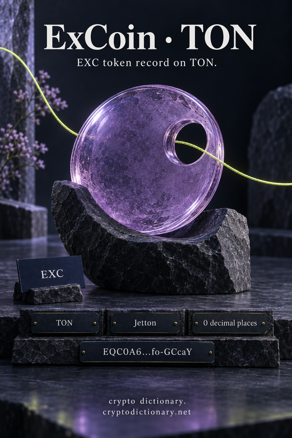 A lilac glass disc with an off-center opening and a lime thread in a dark stone cradle, beside EXC, TON, Jetton, 0 decimal places and shortened public address labels.
