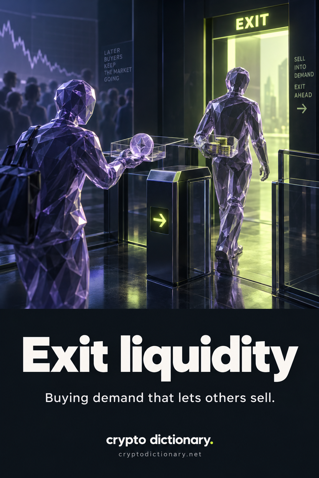 A later buyer holds a token tray while an earlier seller leaves an exchange turnstile with payment chips.