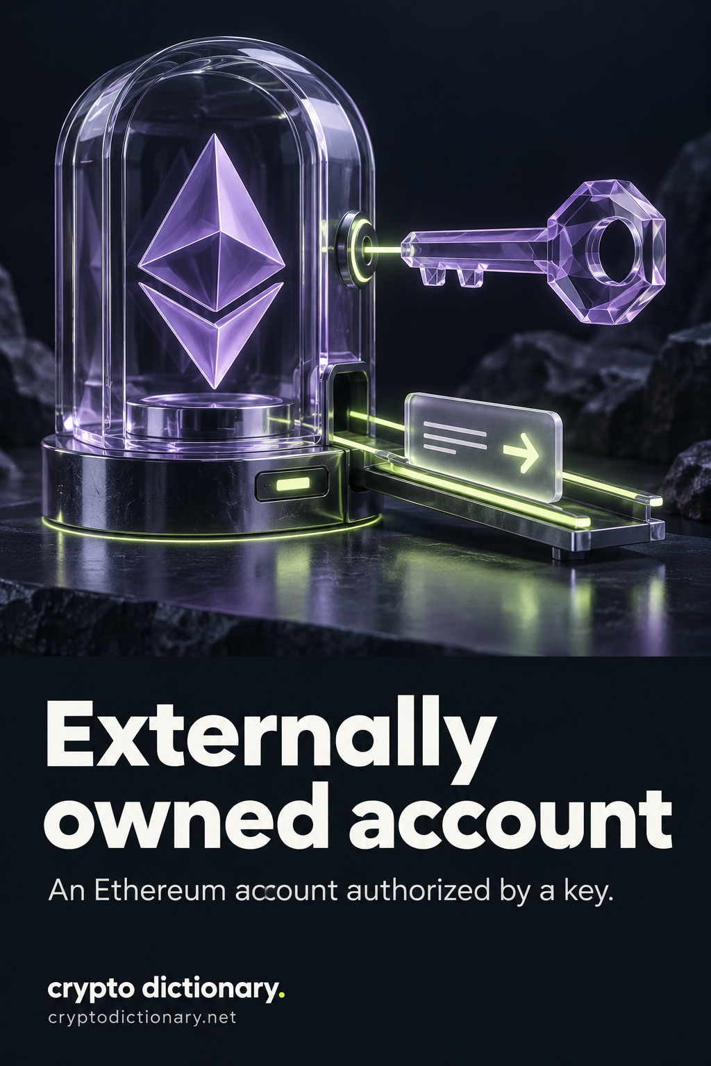 Externally owned account: a metaphorical glass key authorizes an Ethereum account chamber to send a transaction card outward.