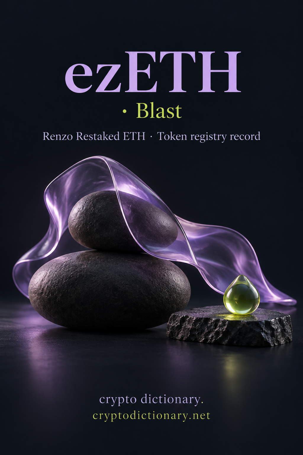 ezETH · Blast token registry artwork with a folded lilac glass ribbon across two blank dark stones and a detached lime glass droplet.