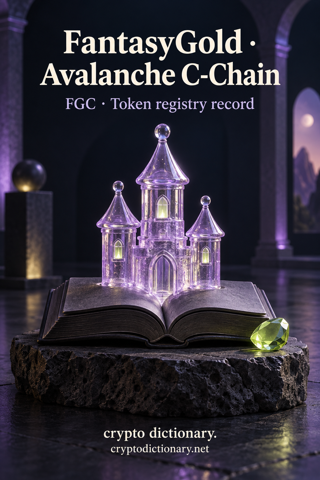 Small lilac glass fantasy castle on a blank ceramic storybook beneath FantasyGold · Avalanche C-Chain.