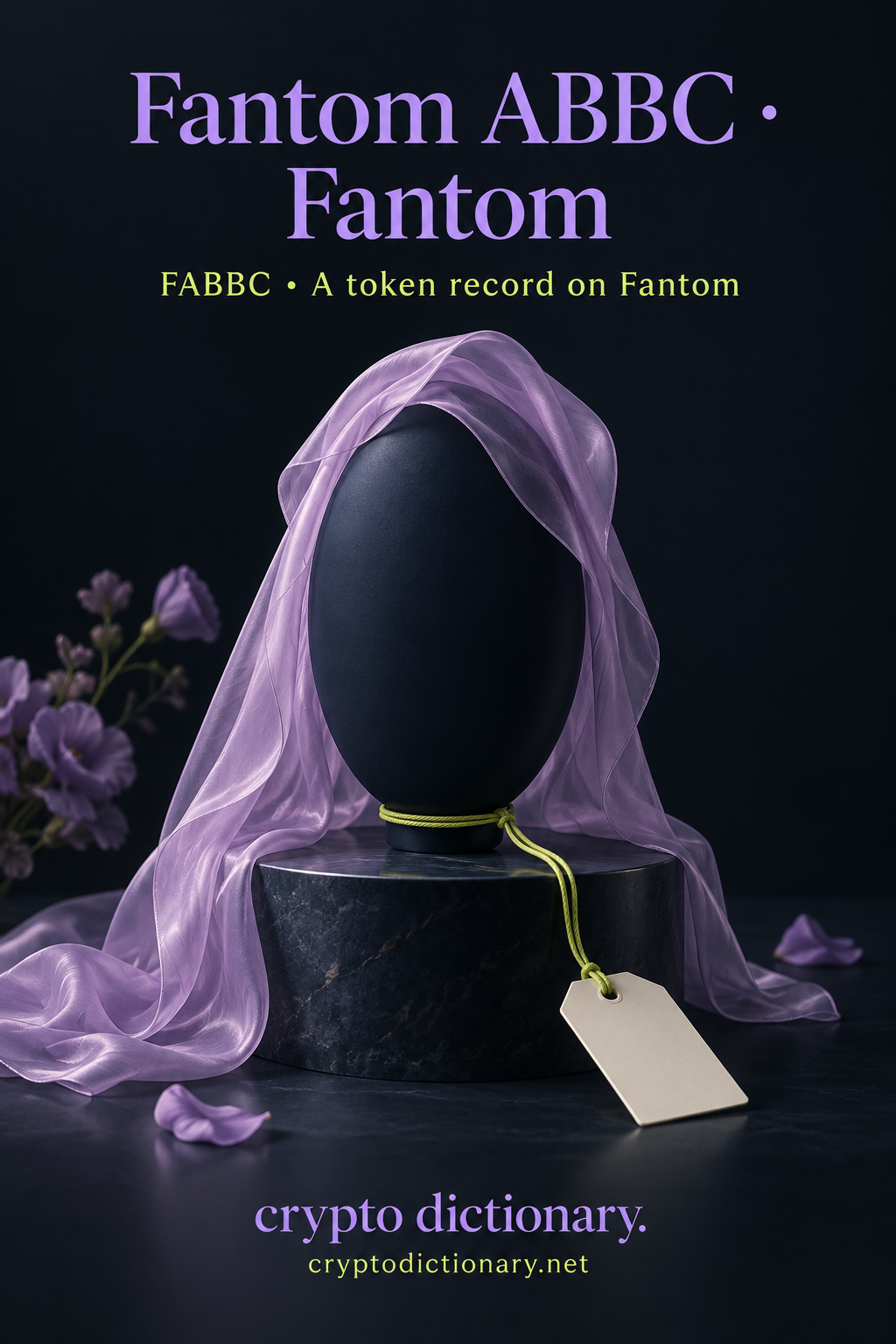 A lilac veil drapes around a plain navy oval specimen with a blank lime-tied catalogue tag.