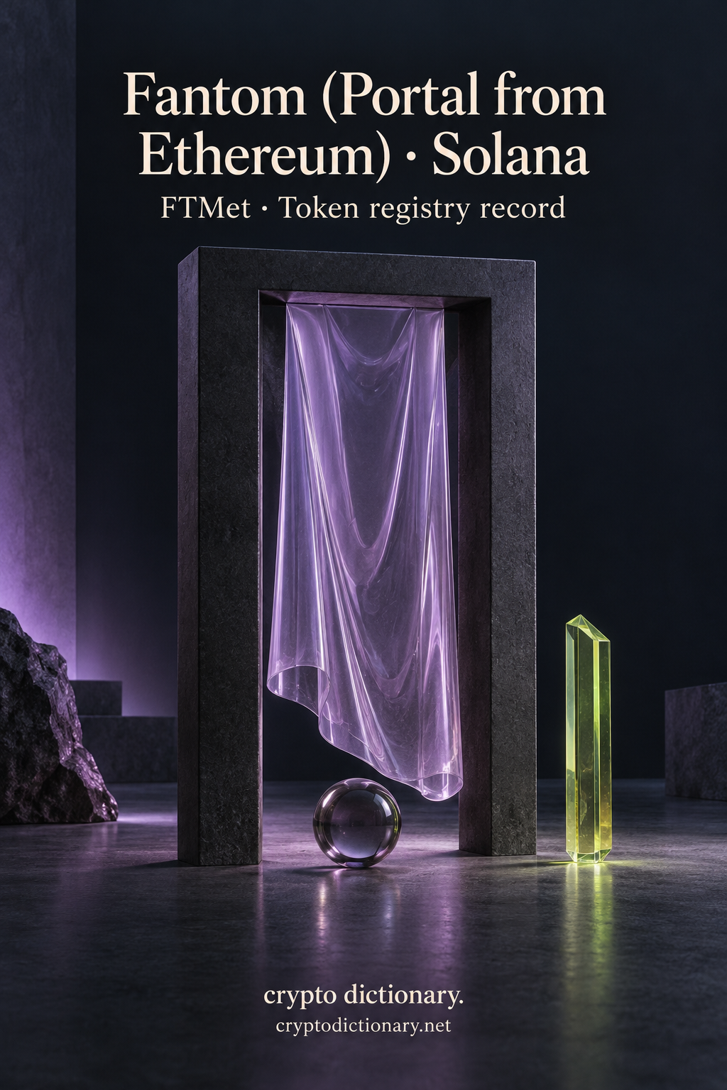 Lilac glass veil in a plain charcoal doorway with smoke-glass sphere beneath Fantom (Portal from Ethereum) · Solana.
