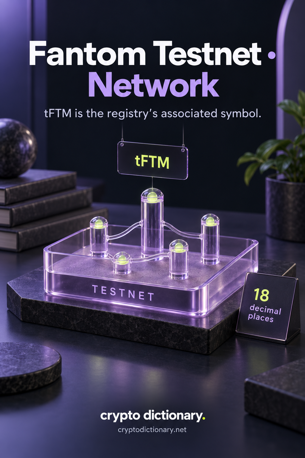 A miniature glass test-network display tray with tFTM card, TESTNET label and eighteen-decimal precision.