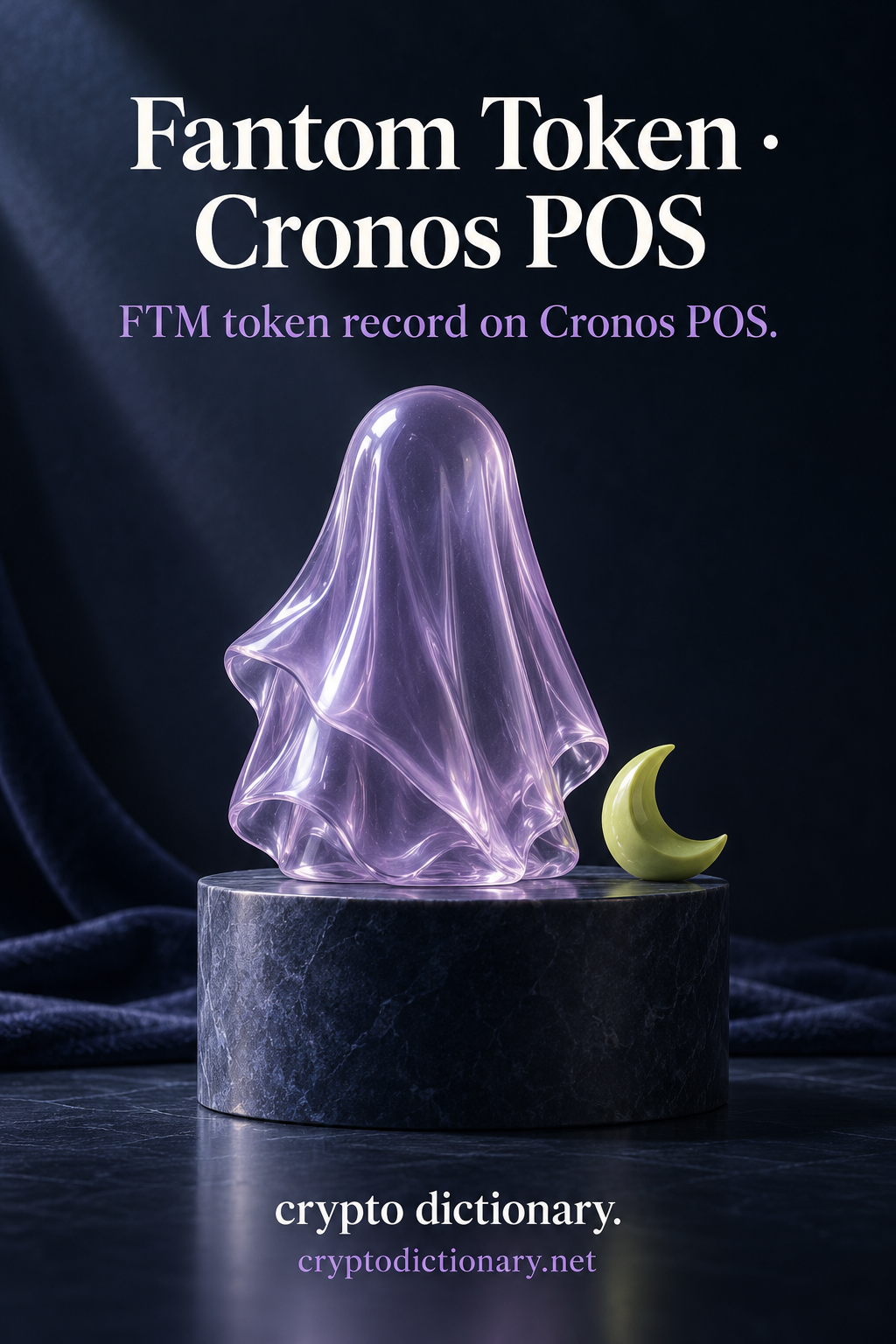 Faceless draped lilac glass phantom sculpture and lime crescent on plain navy stone; Fantom Token · Cronos POS registry artwork.