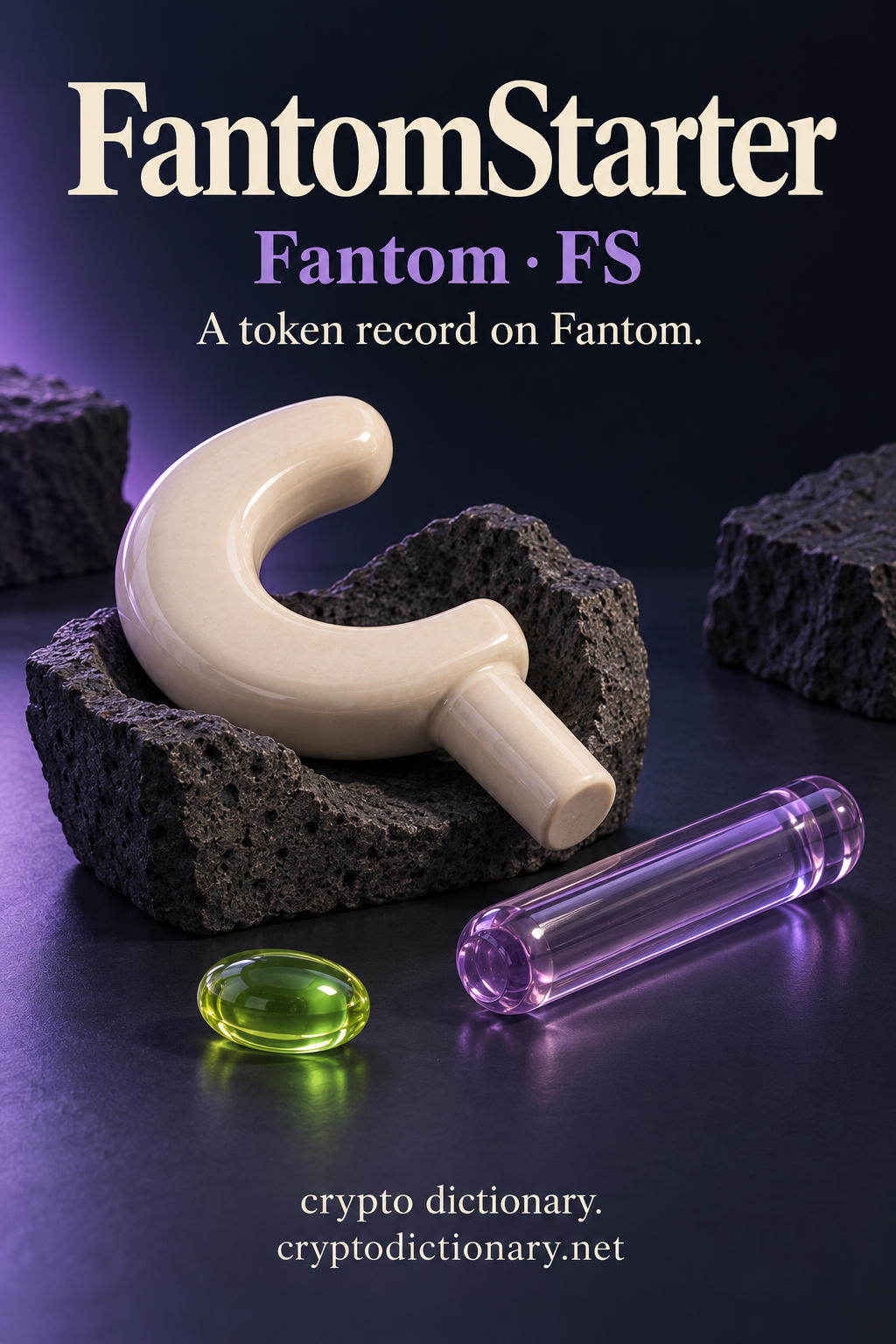 FantomStarter token record on Fantom, illustrated by an ivory ceramic starter-crank shape, detached lilac glass cylinder and lime oval in front of basalt.