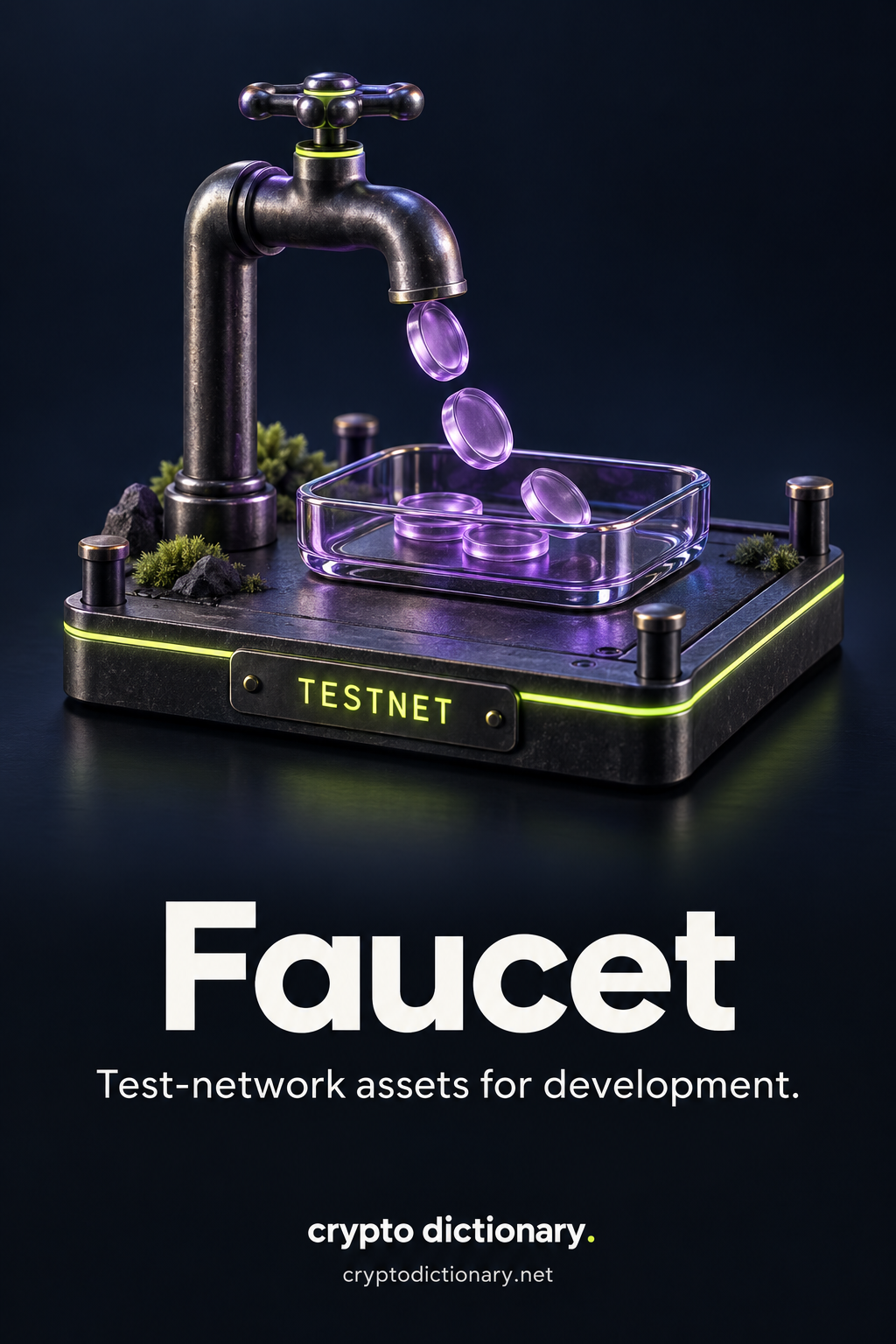 Faucet: a laboratory faucet drops lilac test tokens into a glass tray on a platform labeled TESTNET.