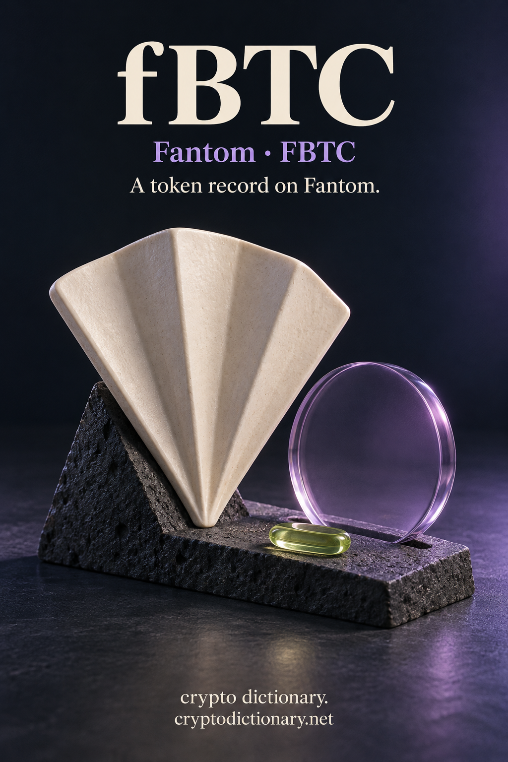An ivory folded fan and blank lilac glass disk stand on basalt beside a lime peg, labeled fBTC and Fantom · FBTC.