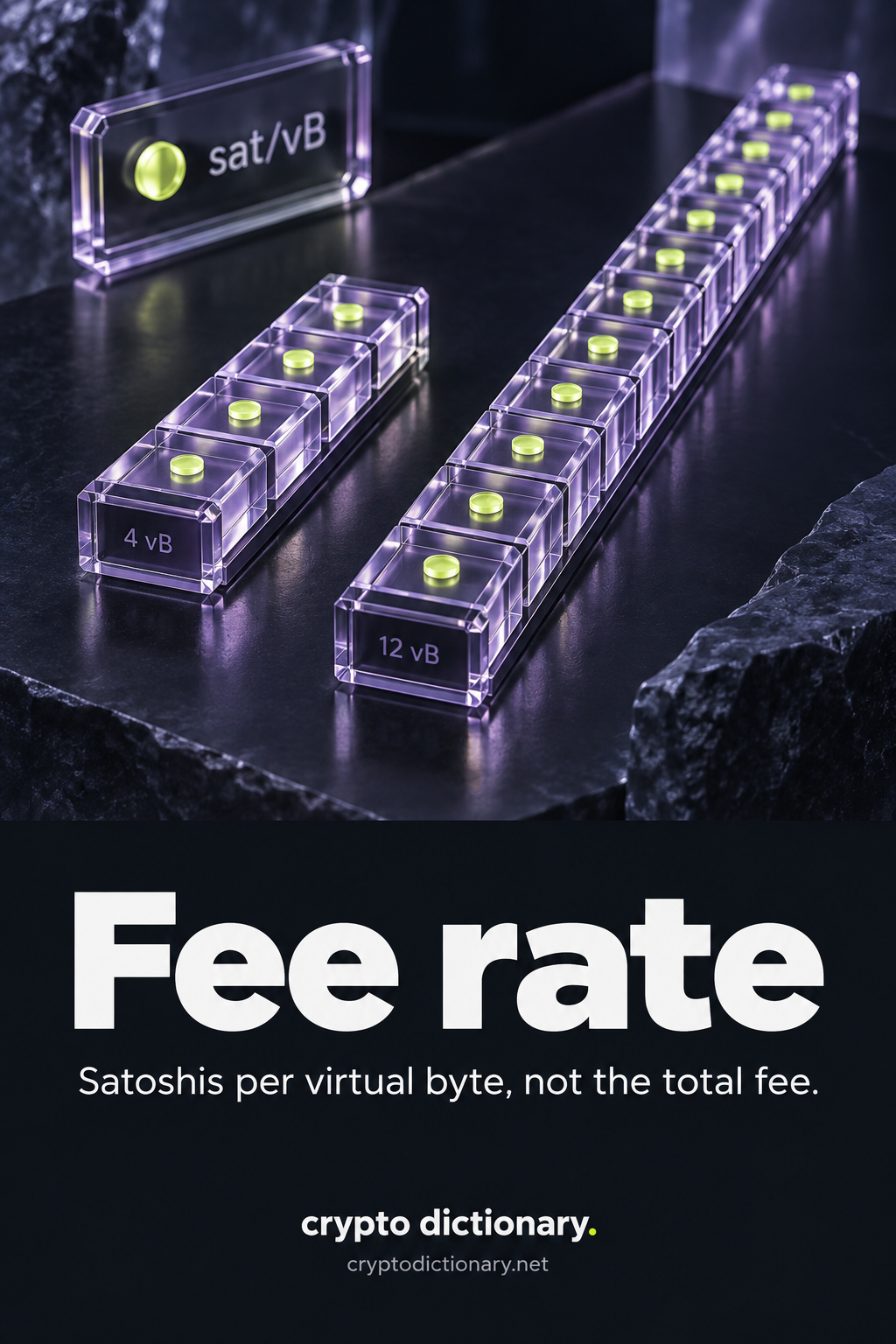 Fee rate: identical per-virtual-byte satoshi markers sit on short and longer size strips, distinguishing rate from total fee.