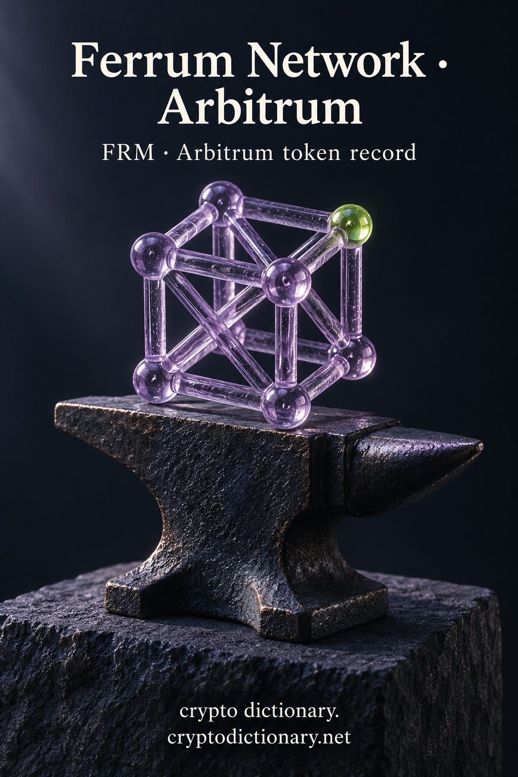 Ferrum Network · Arbitrum — original lilac glass name-inspired sculpture with accurate FRM token record caption.