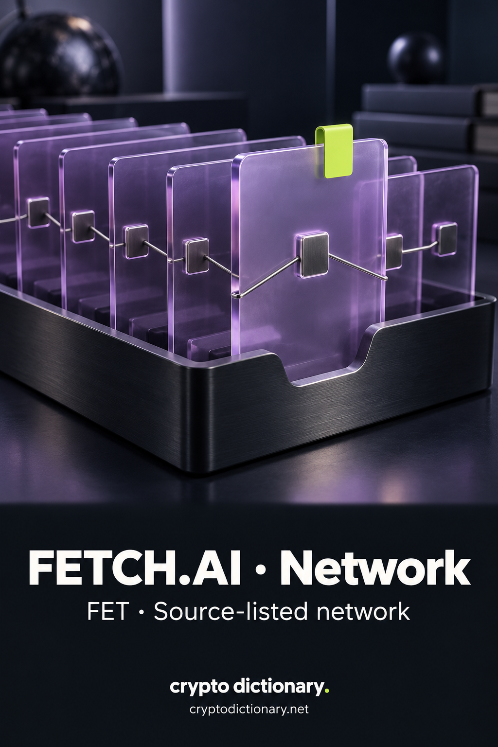 Plain linked lilac glass registry leaves in a dark tray, one selected leaf with a lime bookmark, above FETCH.AI · Network and FET · Source-listed network.