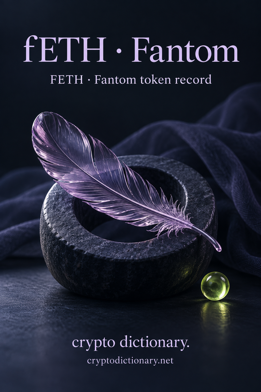 Actual original pixels inspected: exact fETH lowercase f and uppercase ETH heading with Fantom; FETH uppercase ticker caption accurate. Full brand/domain inset and readable. Ribbed lilac glass feather across plain navy stone ring with soft cloth and lime bead is a unique lightness/phantom name mnemonic, not Ethereum native-coin identity, bridge/backing, DeFi yield or official Fantom function. No extra words/logos and physical props plain. Full source contract and precision retained only in manifest/binding.