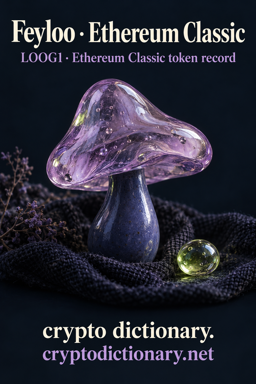 A lilac glass mushroom-cap sculpture on navy ceramic stem beside a lime dew bead in dark fabric, under Feyloo · Ethereum Classic.