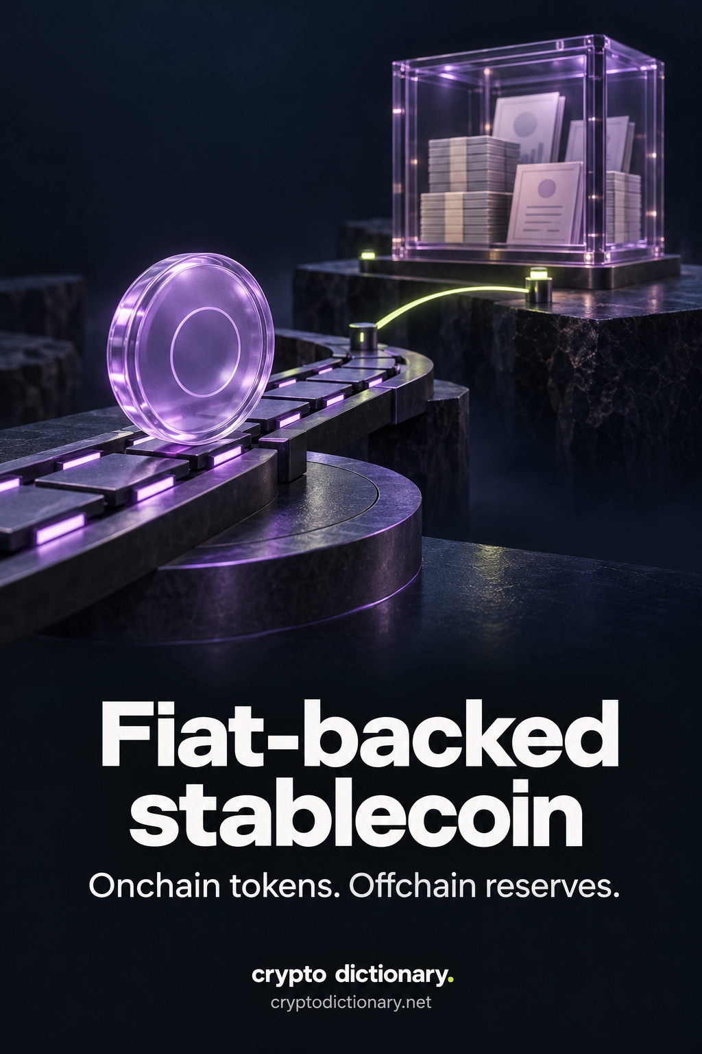 Fiat-backed stablecoin: an onchain lilac token travels a segmented rail connected to a separate cabinet of offchain reserve instruments.