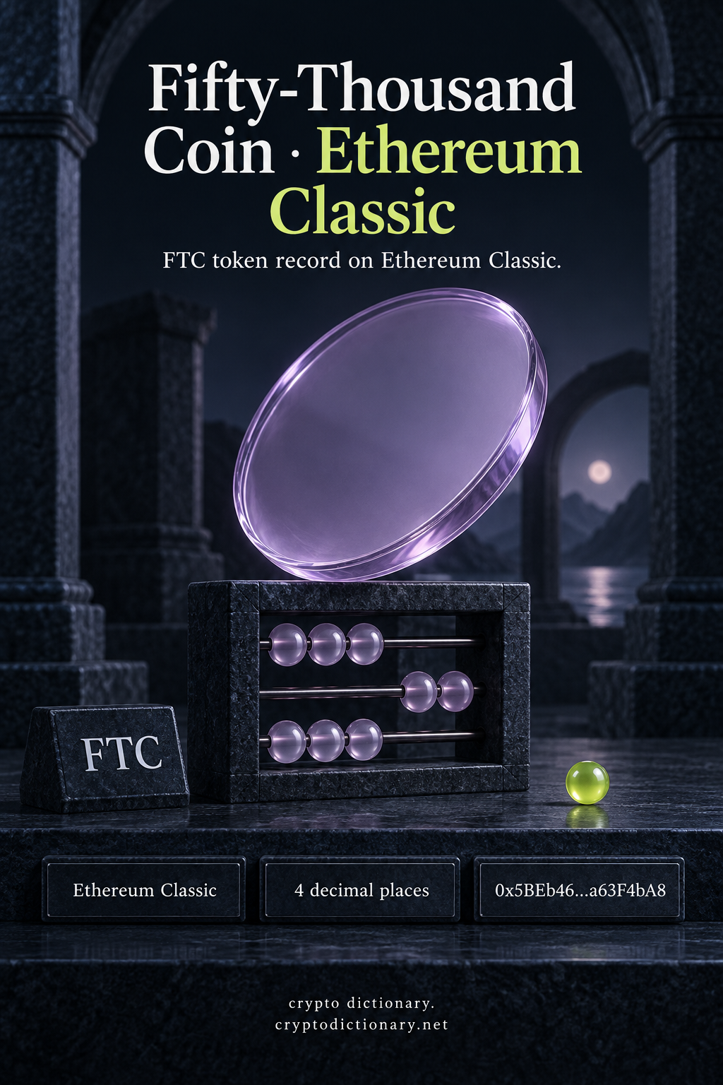 Blank lilac glass coin above a navy counting frame for FTC on Ethereum Classic, with four decimal places and contract label.