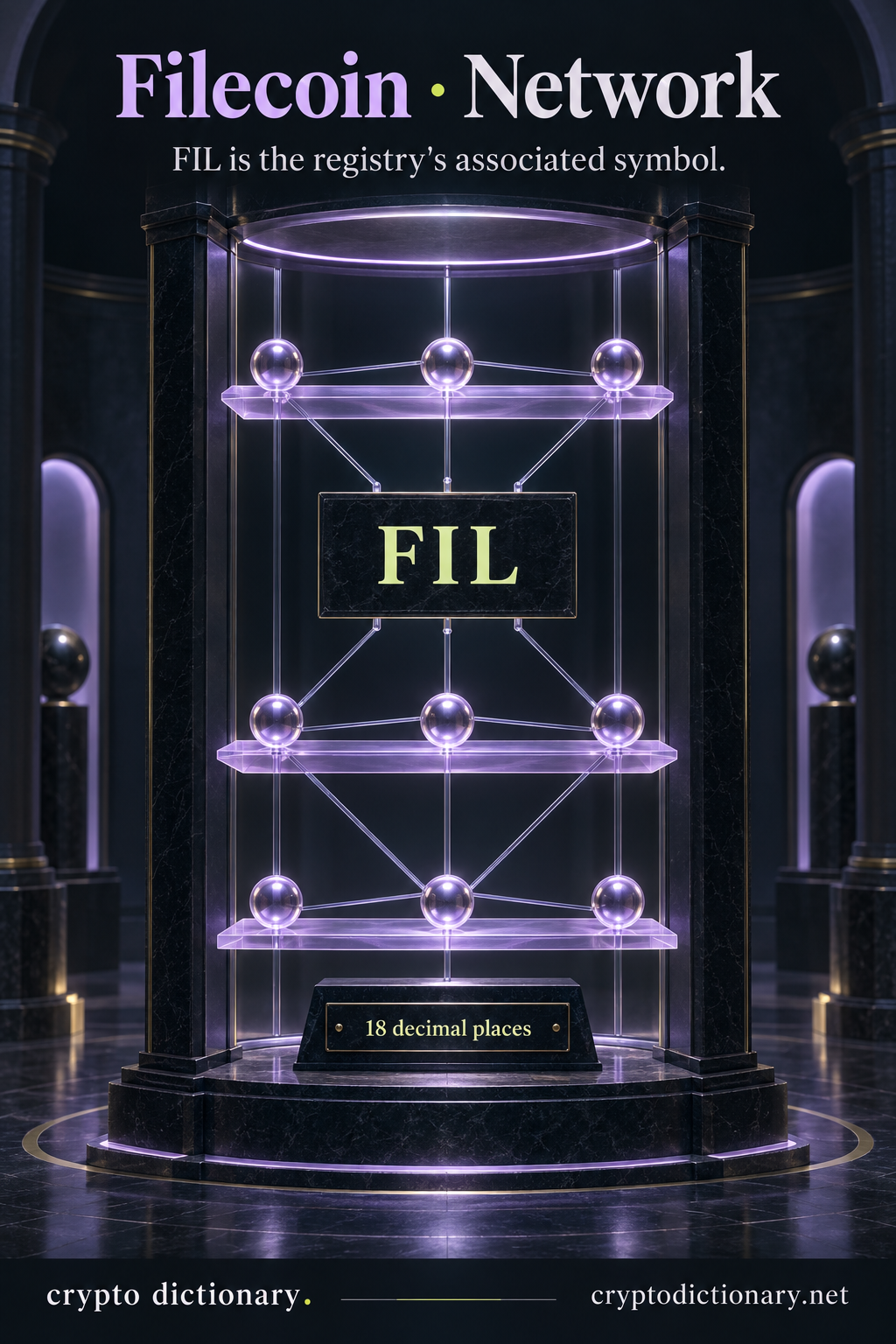 A FIL network identity plate inside a glass archival tower of linked node shelves, with eighteen-decimal precision.