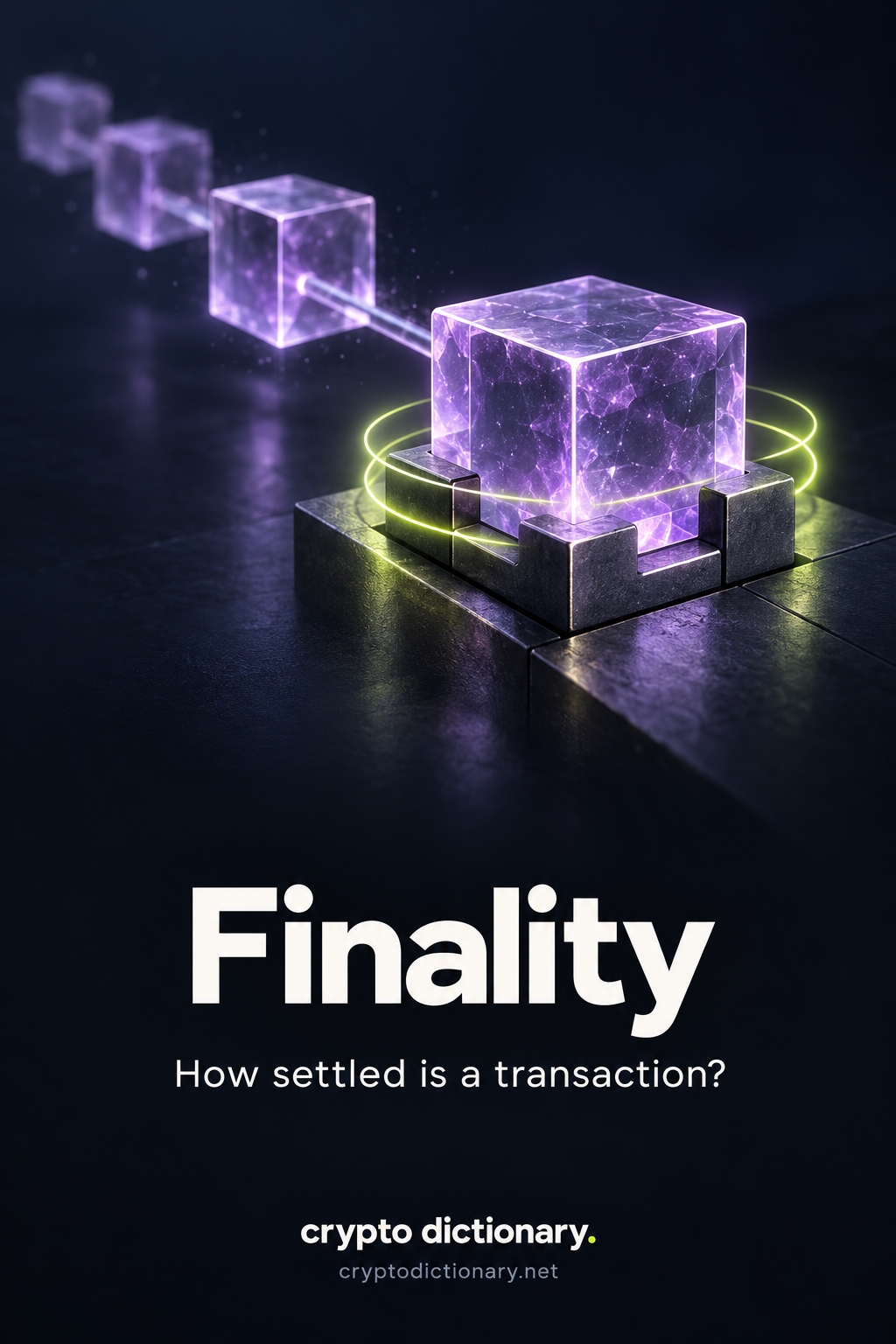 Finality: a lilac glass accepted block sits within a fitted dark foundation while earlier blocks recede, conveying how settled a transaction is.