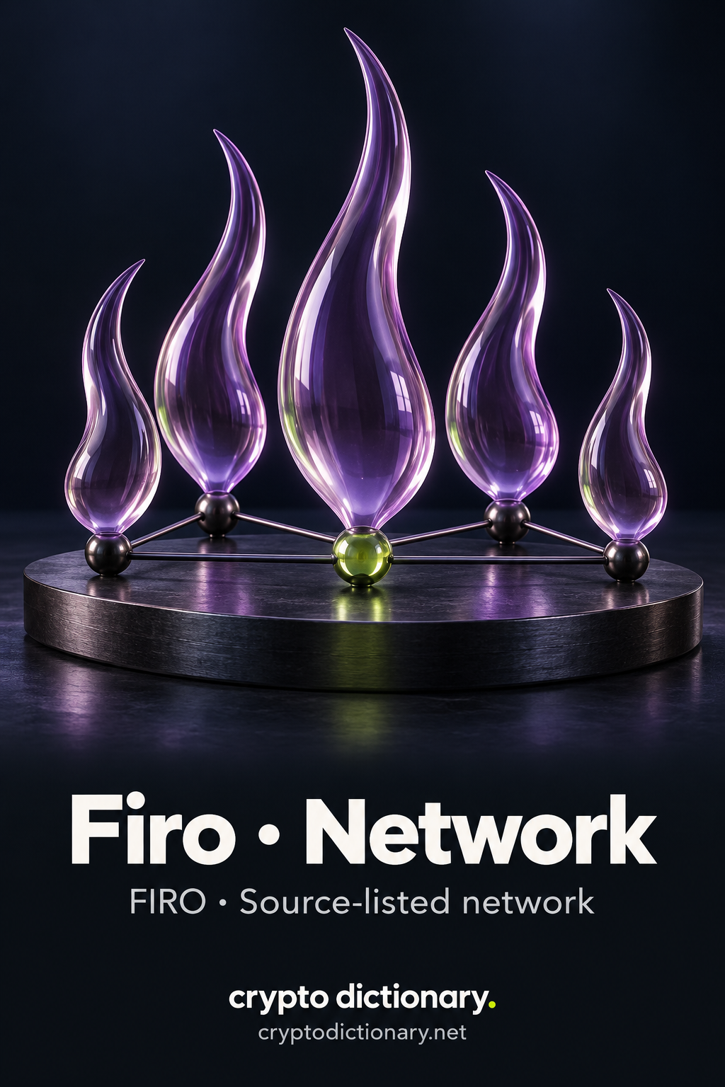 Five flame-shaped lilac glass spires joined by rods and plain nodes on a dark oval slab, one lime node, above Firo · Network and FIRO · Source-listed network.