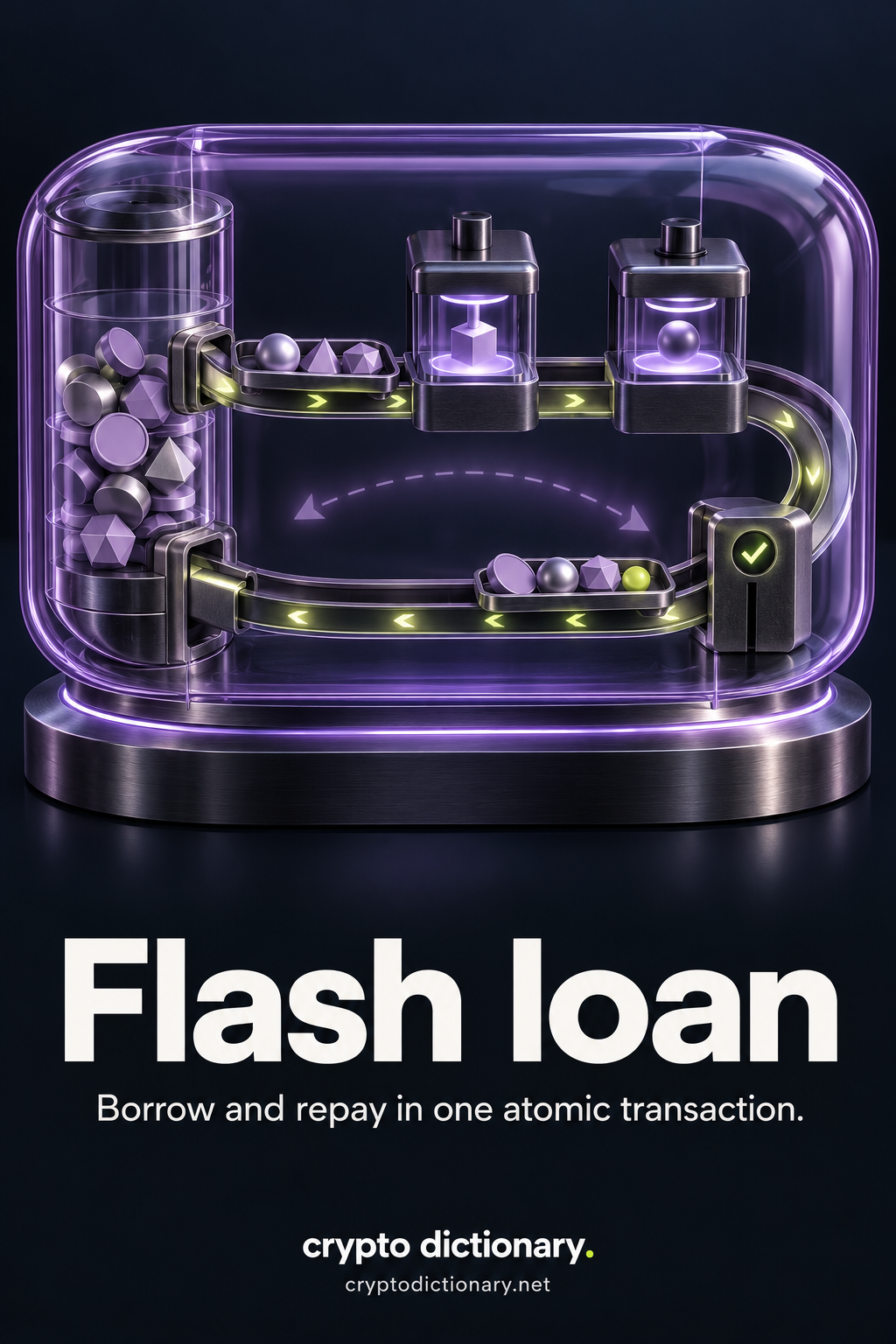 A temporary asset loan goes through two operations and returns with a fee bead to its reservoir inside one atomic transaction capsule.